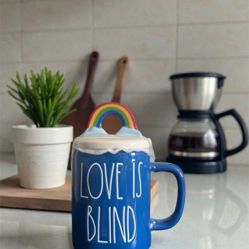 NEW RAE DUNN Love is Blind Ceramic Mug with Rainbow Topper